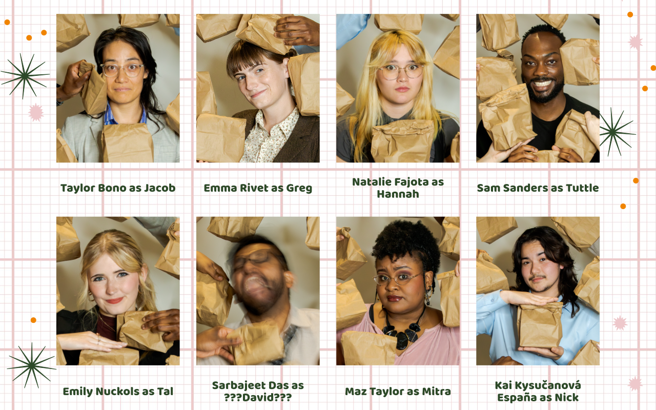 Headshots of the entire cast alongside what role they are playing on a colorful grid